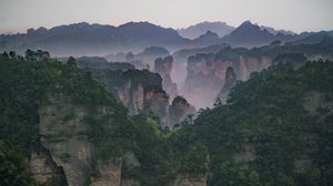 Preview wallpaper rocks, fog, mountains, trees