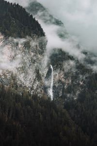 Preview wallpaper rocks, fog, trees, spruce, clouds