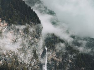 Preview wallpaper rocks, fog, trees, spruce, clouds