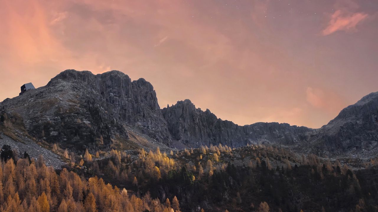 Wallpaper rocks, forest, trees, sunset