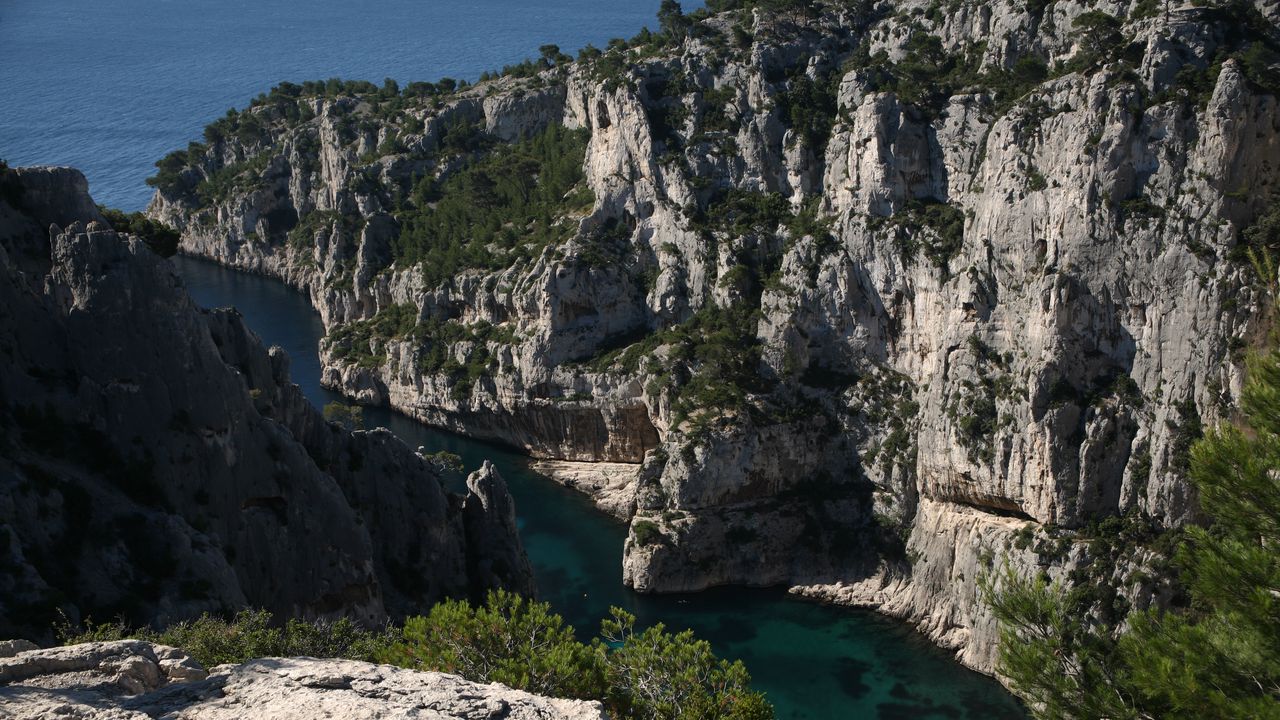 Wallpaper rocks, gorge, water, trees, landscape