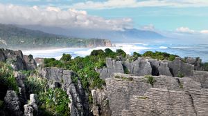 Preview wallpaper rocks, grass, ocean, waves, nature