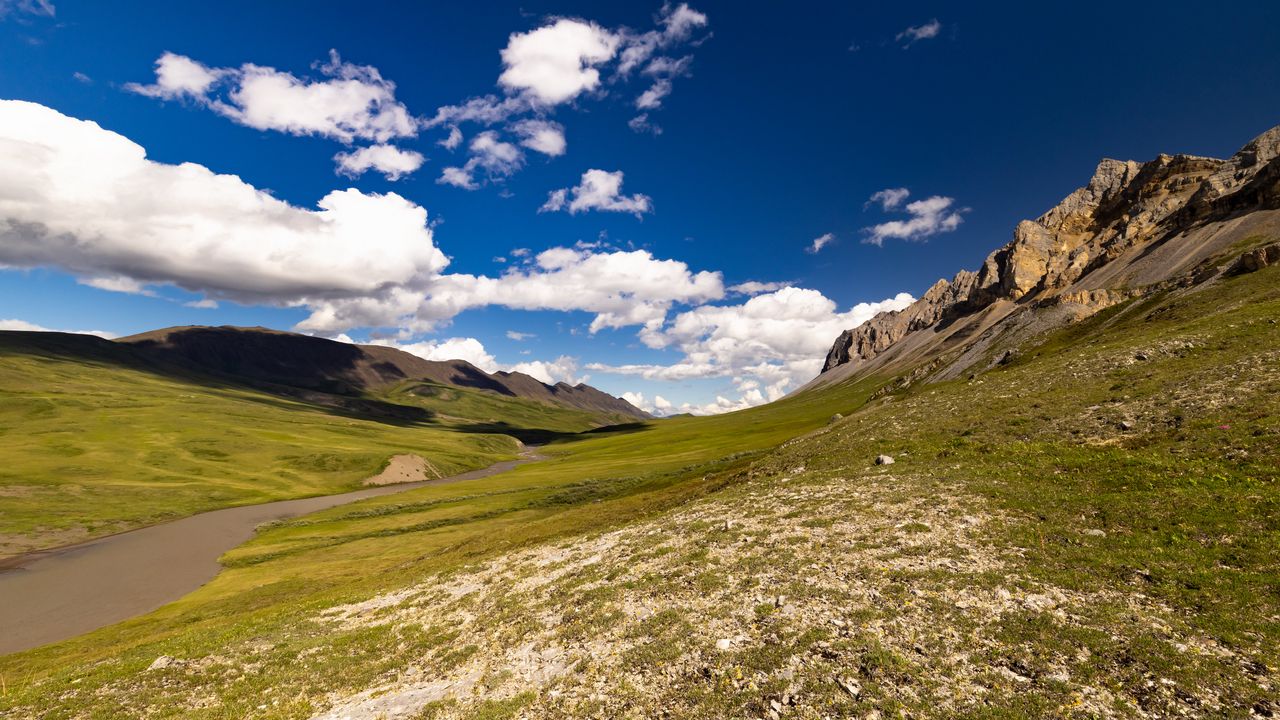 Wallpaper rocks, hills, field, clouds, landscape