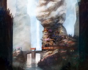 Preview wallpaper rocks, houses, art, river, bridge