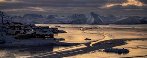 Preview wallpaper rocks, ice, snow, village, houses, north