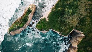 Preview wallpaper rocks, island, aerial view, sea, surf