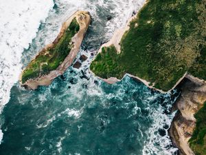 Preview wallpaper rocks, island, aerial view, sea, surf