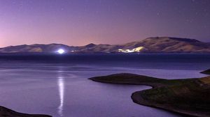 Preview wallpaper rocks, lake, night, starry sky, stars
