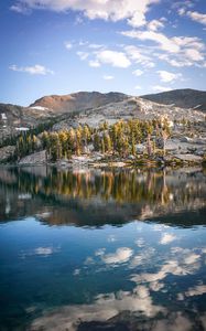 Preview wallpaper rocks, lake, trees, reflection, clouds, stone