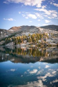 Preview wallpaper rocks, lake, trees, reflection, clouds, stone