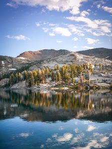 Preview wallpaper rocks, lake, trees, reflection, clouds, stone