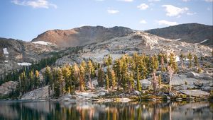 Preview wallpaper rocks, lake, trees, reflection, clouds, stone