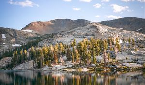 Preview wallpaper rocks, lake, trees, reflection, clouds, stone