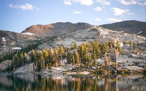 Preview wallpaper rocks, lake, trees, reflection, clouds, stone