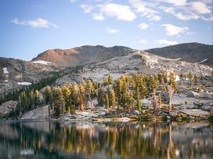 Preview wallpaper rocks, lake, trees, reflection, clouds, stone