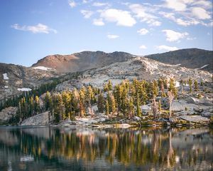Preview wallpaper rocks, lake, trees, reflection, clouds, stone
