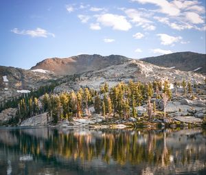 Preview wallpaper rocks, lake, trees, reflection, clouds, stone