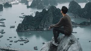 Preview wallpaper rocks, man, view, bay, overview