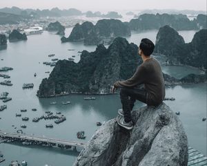 Preview wallpaper rocks, man, view, bay, overview