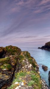 Preview wallpaper rocks, moss, cloudy, landscape, sea, grief