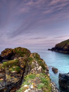 Preview wallpaper rocks, moss, cloudy, landscape, sea, grief