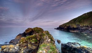 Preview wallpaper rocks, moss, cloudy, landscape, sea, grief