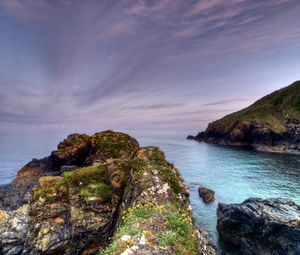 Preview wallpaper rocks, moss, cloudy, landscape, sea, grief