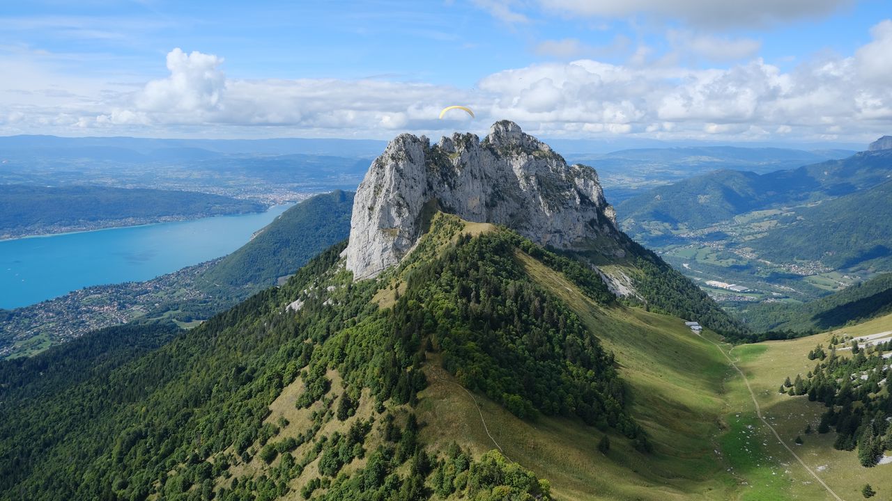 Wallpaper rocks, mountain, slope, trees, paraglider