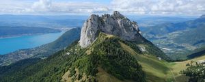 Preview wallpaper rocks, mountain, slope, trees, paraglider