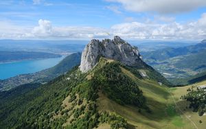 Preview wallpaper rocks, mountain, slope, trees, paraglider