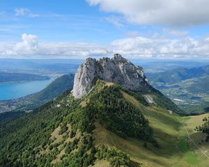 Preview wallpaper rocks, mountain, slope, trees, paraglider