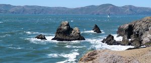 Preview wallpaper rocks, mountains, beach, sea, ocean, nature