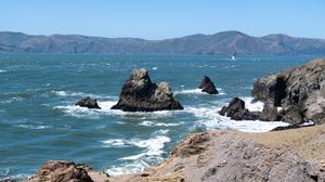 Preview wallpaper rocks, mountains, beach, sea, ocean, nature