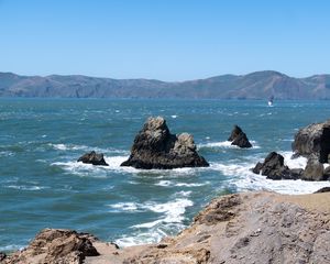 Preview wallpaper rocks, mountains, beach, sea, ocean, nature
