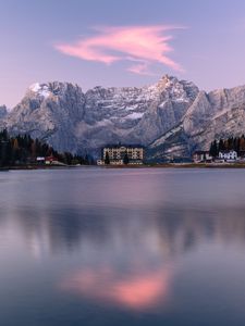 Preview wallpaper rocks, mountains, building, lake, landscape