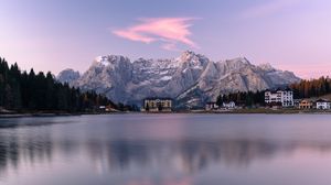 Preview wallpaper rocks, mountains, building, lake, landscape