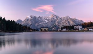 Preview wallpaper rocks, mountains, building, lake, landscape