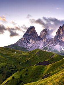 Preview wallpaper rocks, mountains, clouds, hills, grass