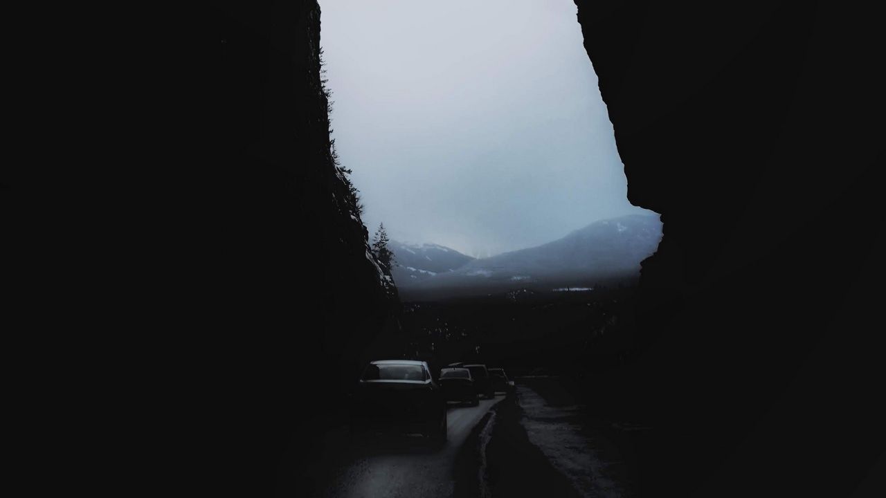 Wallpaper rocks, mountains, darkness, cars, night, fog