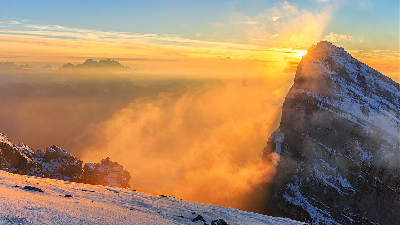 Wallpaper rocks, mountains, fog, sun