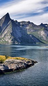 Preview wallpaper rocks, mountains, house, height, eminence, day, sea