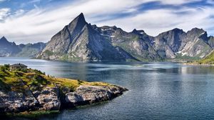 Preview wallpaper rocks, mountains, house, height, eminence, day, sea