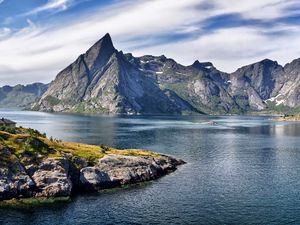 Preview wallpaper rocks, mountains, house, height, eminence, day, sea