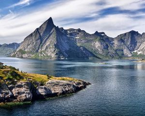 Preview wallpaper rocks, mountains, house, height, eminence, day, sea