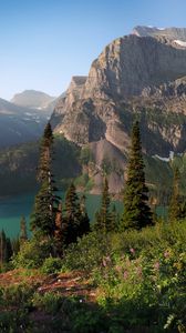 Preview wallpaper rocks, mountains, lake, spruce, trees, sky