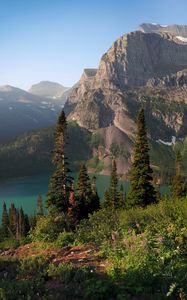 Preview wallpaper rocks, mountains, lake, spruce, trees, sky