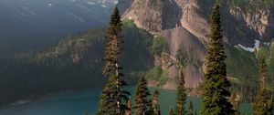 Preview wallpaper rocks, mountains, lake, spruce, trees, sky