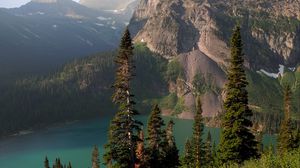 Preview wallpaper rocks, mountains, lake, spruce, trees, sky