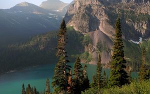 Preview wallpaper rocks, mountains, lake, spruce, trees, sky