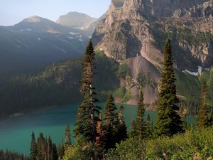 Preview wallpaper rocks, mountains, lake, spruce, trees, sky